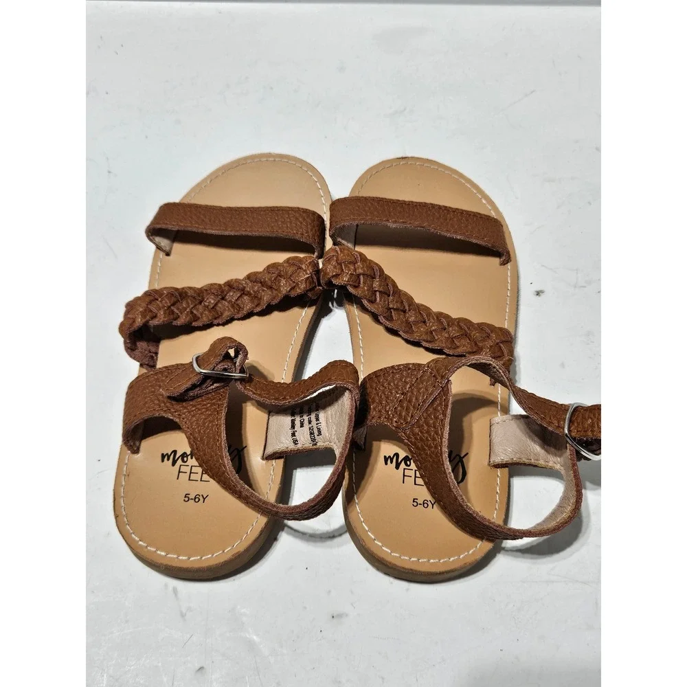 Monkey Feet Girls Brown Braided Leather T Strap Sandals Size 5 6Y